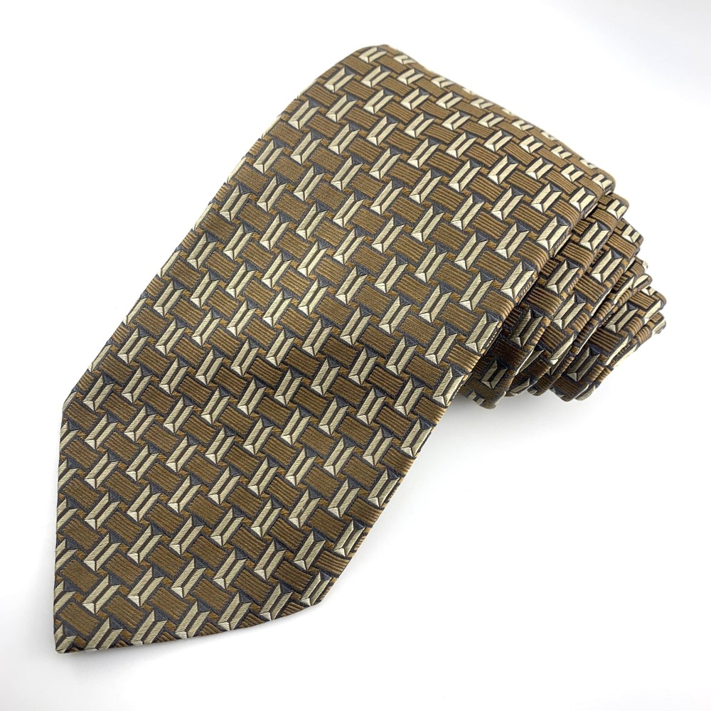 Ermenegildo Zegna Mens Tie Bronze & Gold Geometric Repp 100% Silk Necktie